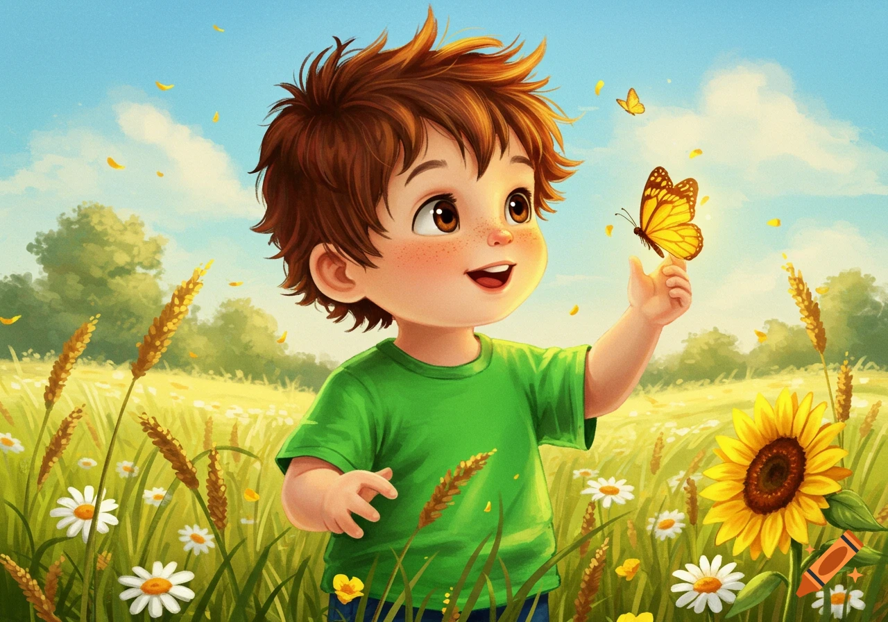 A cute cartoon boy with a green shirt smiles at a butterfly on his finger in a sunny field with flowers and tall grass.