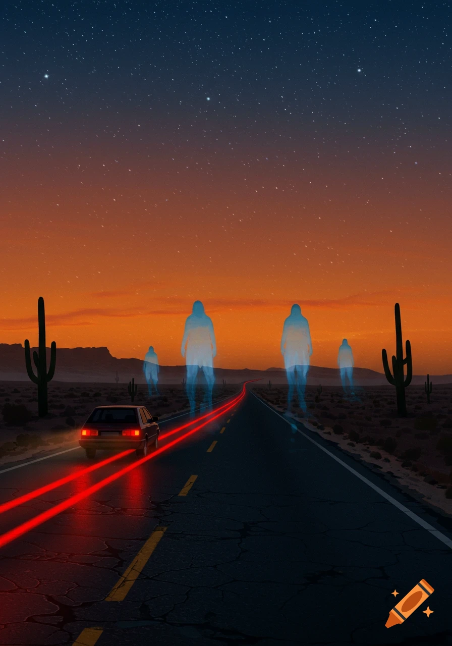 A stylized image of a car on a desert road at twilight, with glowing blue ghosts standing nearby under a starry sky.