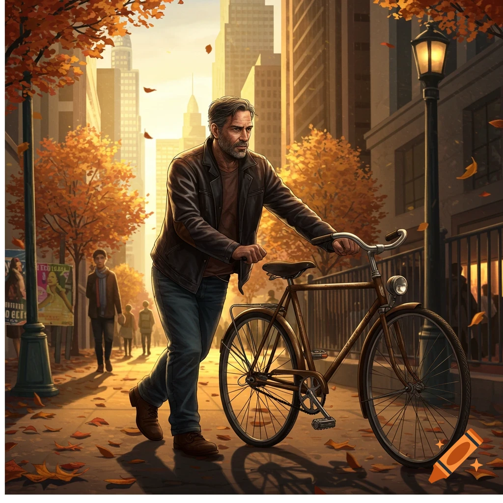 A man pushes a bicycle down a golden-lit autumn city street with buildings in the background, in an illustrated style.