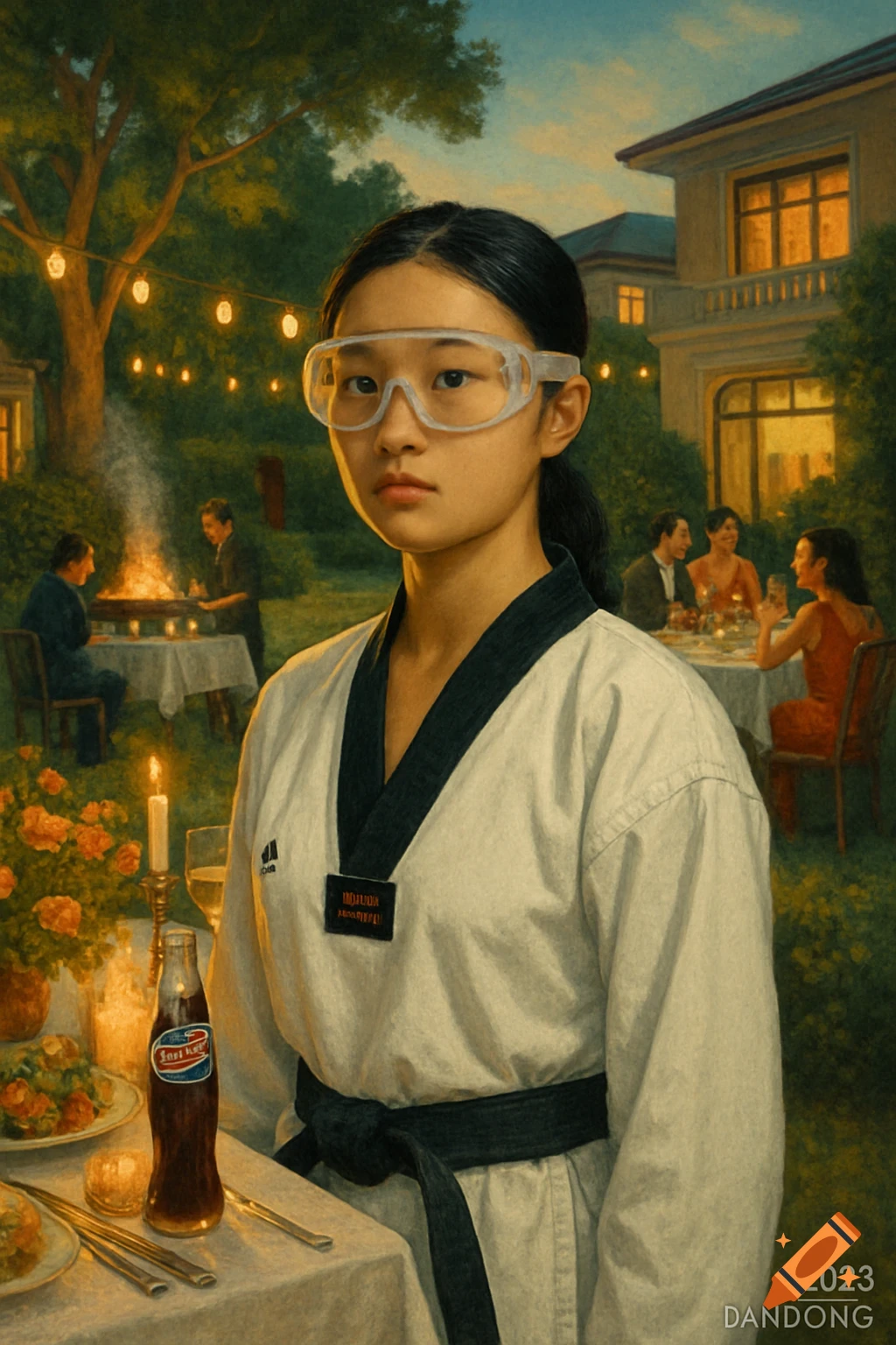 A young East Asian woman in a white taekwondo uniform, black belt, and safety goggles stands at an outdoor dinner party table with a soda bottle, candle, and people in the background. Photorealistic style.