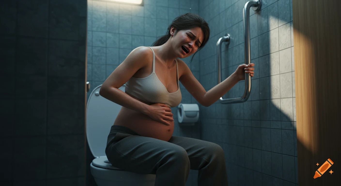 Ultra-realistic render of a pregnant woman in pain, clutching her stomach and a grab bar while seated on a toilet in a public restroom.