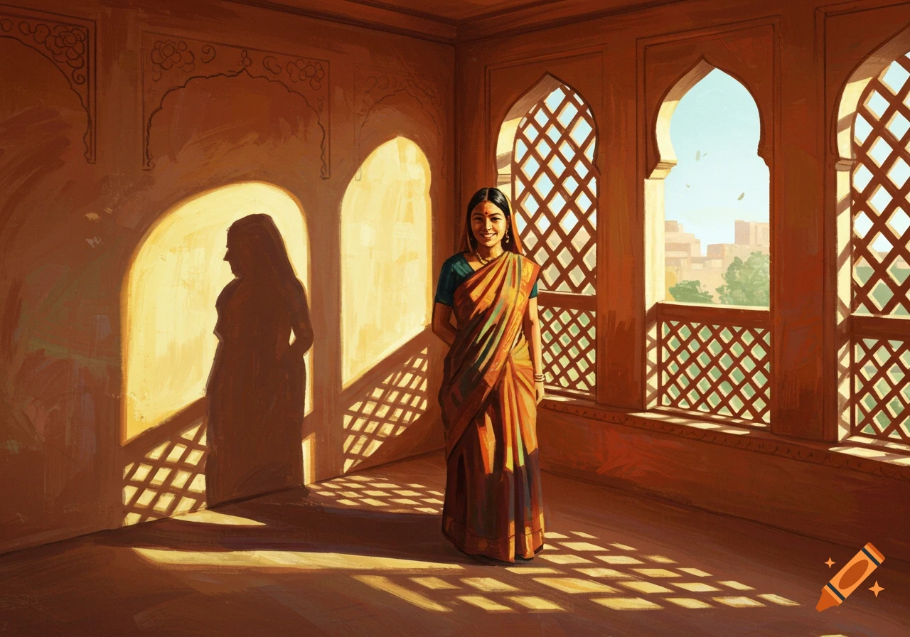 A smiling woman in a sari stands in a sunlit ancient Indian room with arched windows, in a painterly style.