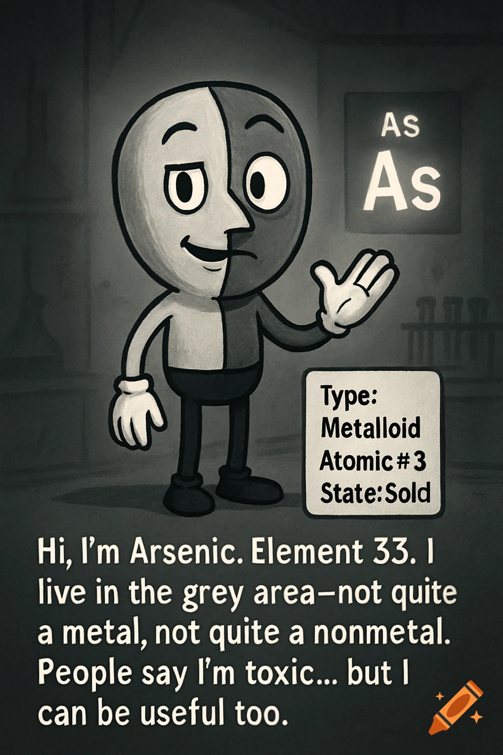 A greyscale cartoon character representing Arsenic, split between light and dark halves, stands with a periodic table symbol and a profile card, and text describing the element.