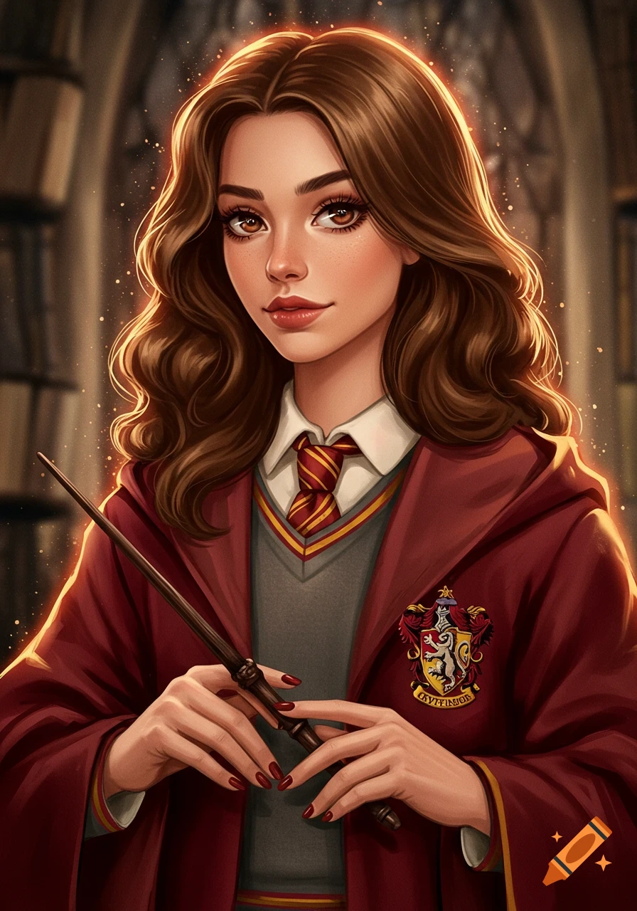 Semi-realistic illustration of a young woman in Gryffindor robes, holding a wand, with a magical glow.
