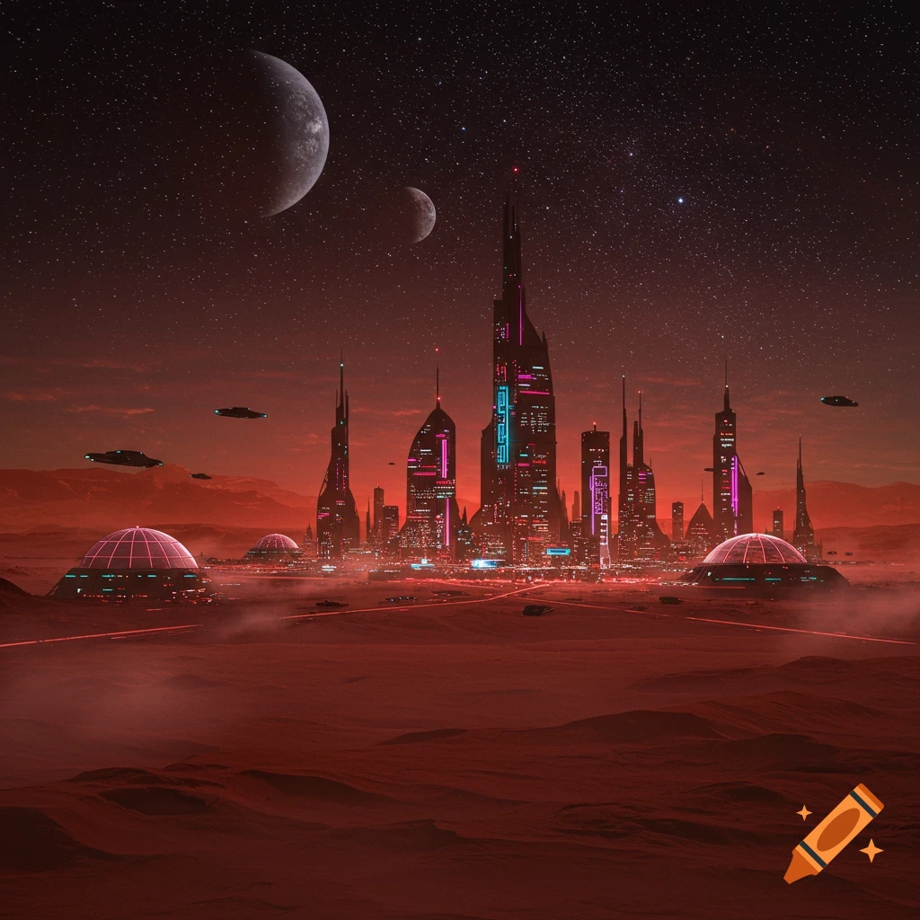 A futuristic Martian city at night under a starry sky with two moons, featuring towering neon-lit skyscrapers and dome structures on a red desert landscape.