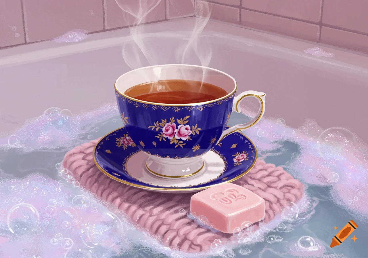 A fancy blue teacup with pink roses on a pink knitted cloth in a bubble bath with a pink soap bar. Digital painting.