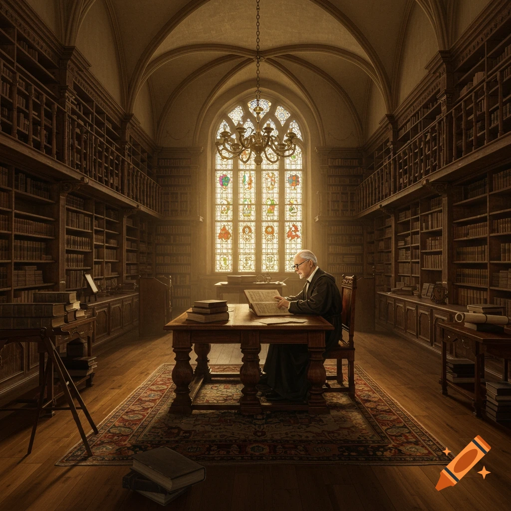 Elderly man reading a large book at a wooden desk in a grand, ornate library with a stained glass window, bathed in golden light.