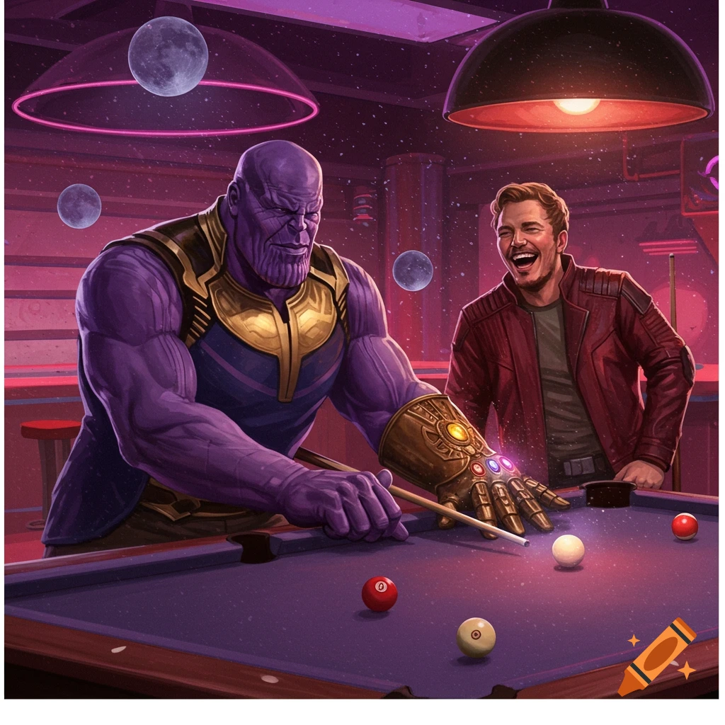 Illustration of Thanos wearing the Infinity Gauntlet, playing billiards with a laughing Star-Lord in a purple-lit cosmic bar.