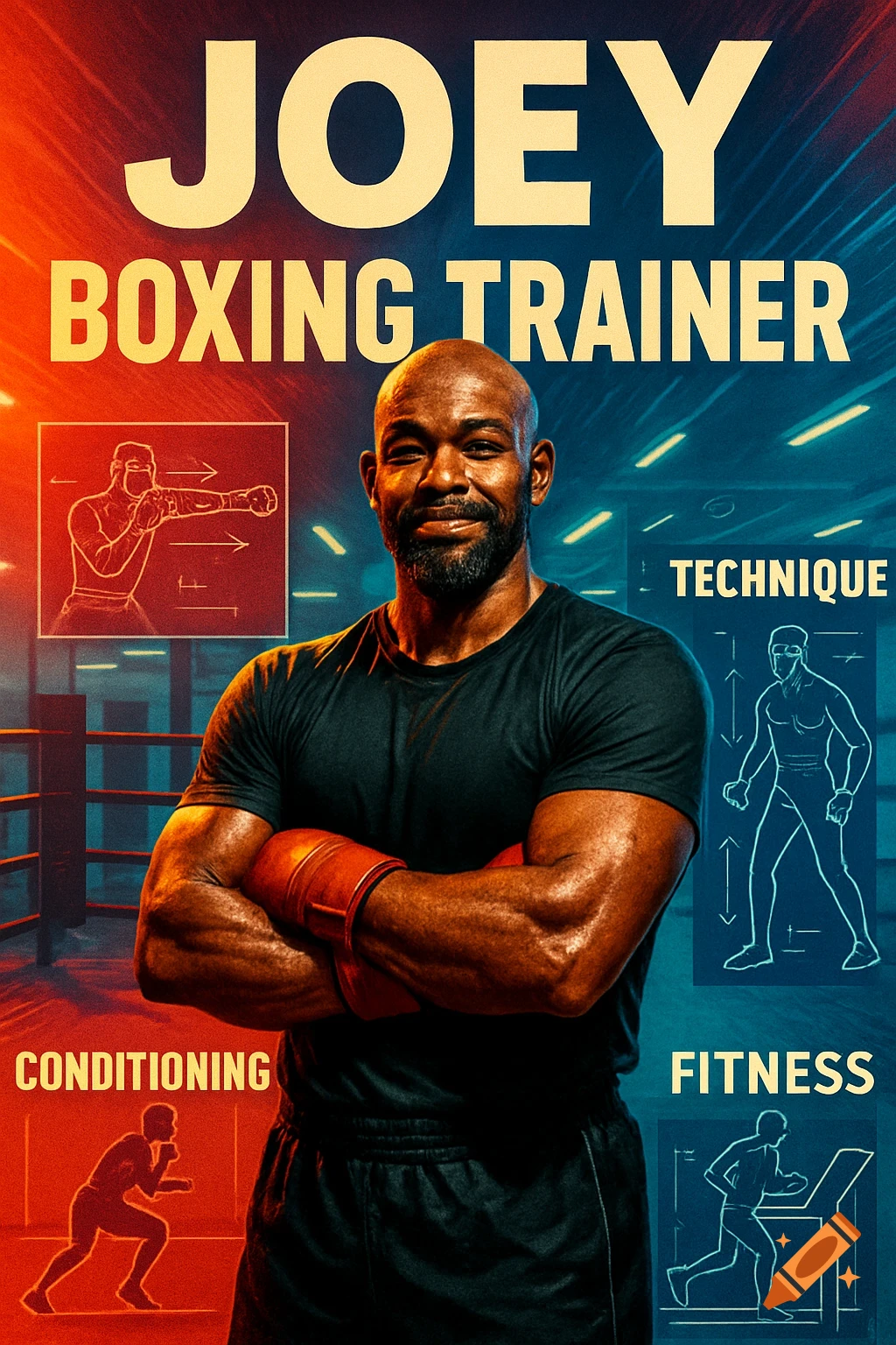 Smiling Black man in boxing gloves, identified as JOEY BOXING TRAINER, with text 'TECHNIQUE', 'CONDITIONING', 'FITNESS' in a boxing gym poster.