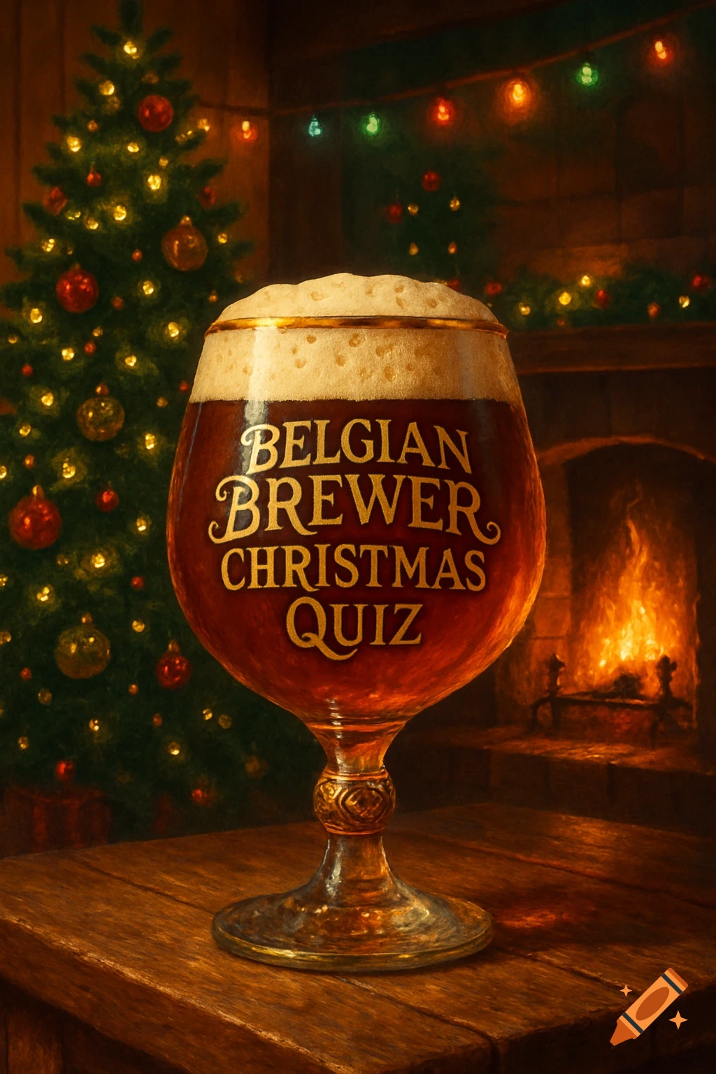 A beer chalice with 'BELGIAN BREWER CHRISTMAS QUIZ' on a wooden table, in front of a lit Christmas tree and fireplace.
