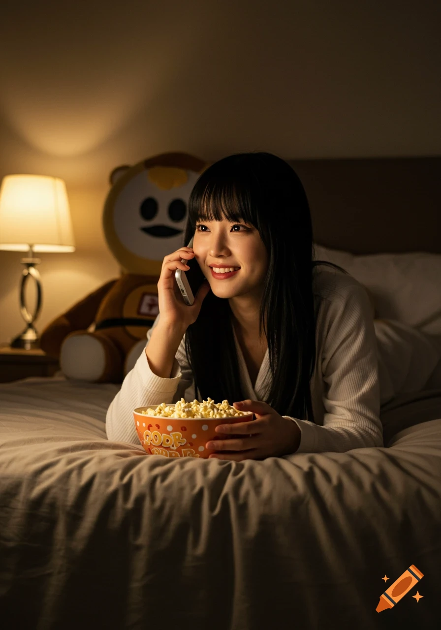 Young woman smiling, talking on a phone on a bed with popcorn, a plush toy, in a warm, dimly lit bedroom. Photorealistic.