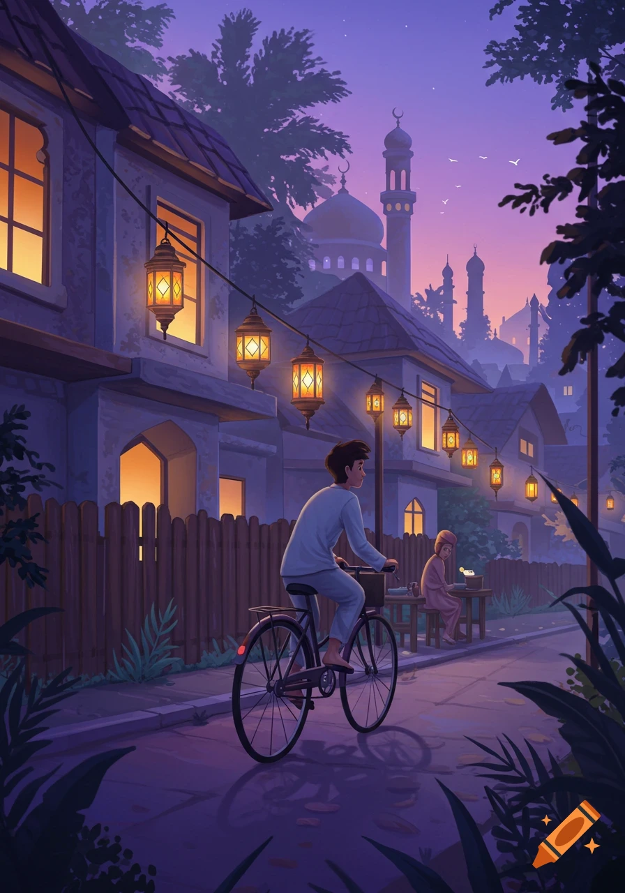 Digital illustration of a person riding a bicycle past houses adorned with glowing lanterns at dusk, with a mosque in the background.