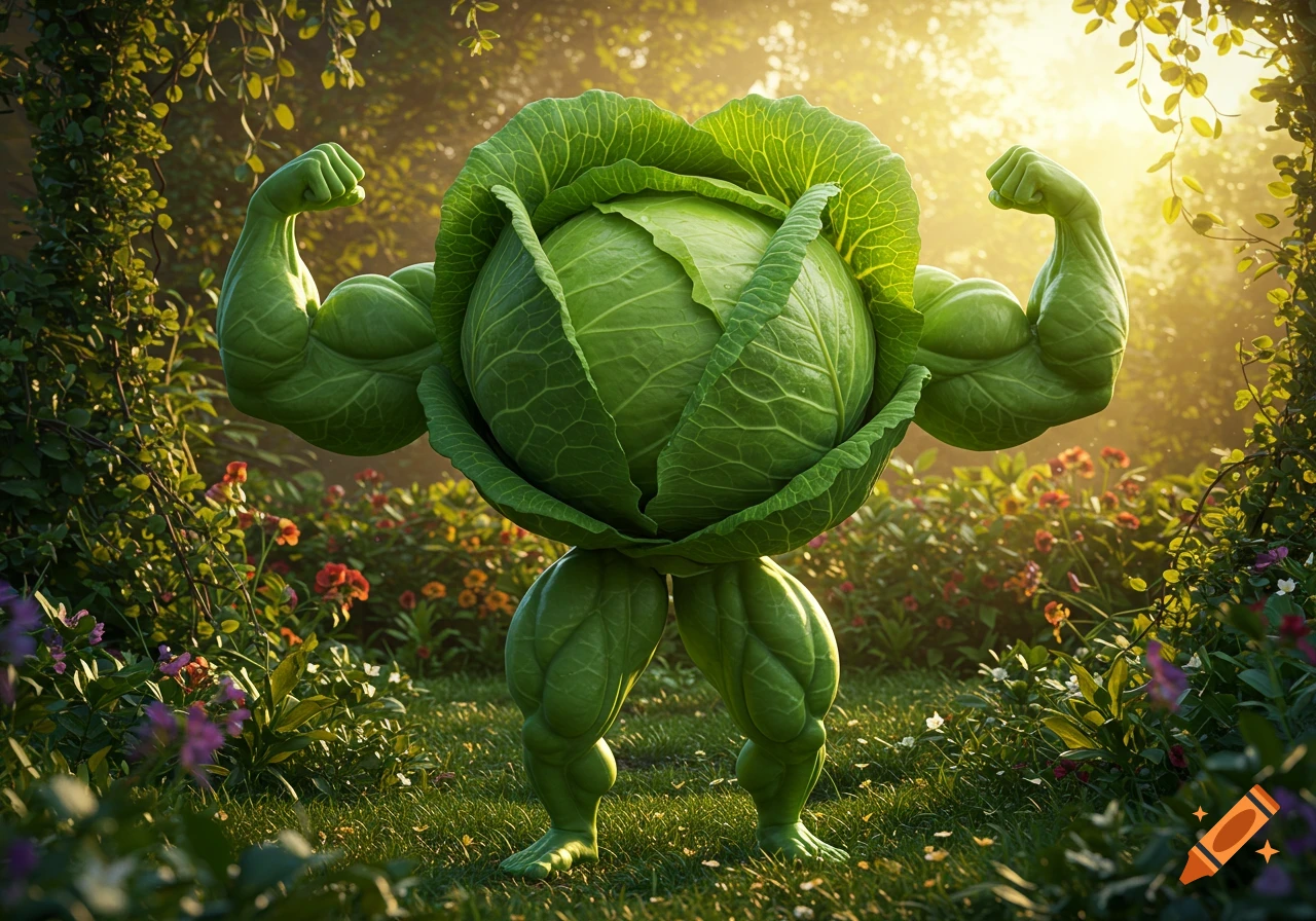 A strong, muscular green cabbage stands flexing its biceps and legs in a lush, sunlit garden.