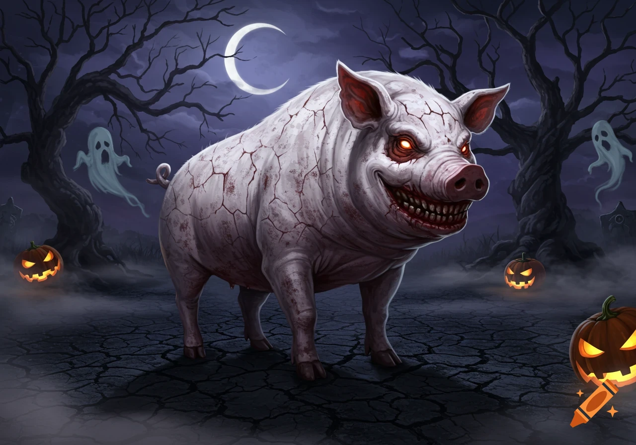A monstrous white pig with cracked skin, glowing red eyes, and sharp teeth grins in a dark, foggy Halloween night with ghosts and jack-o'-lanterns.