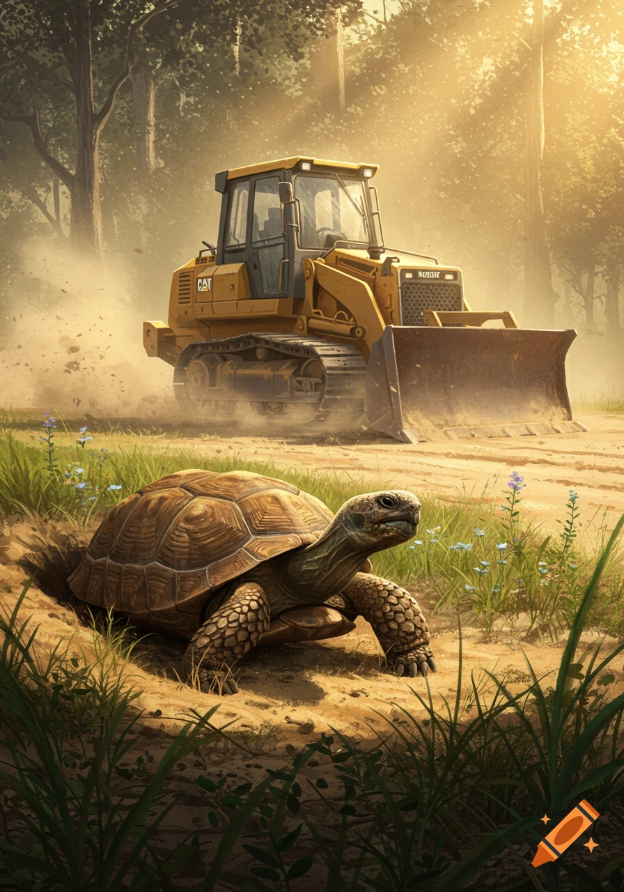 A tortoise sits on a dirt mound while a large yellow bulldozer with a blade kicks up dust behind it in a sunny forest.