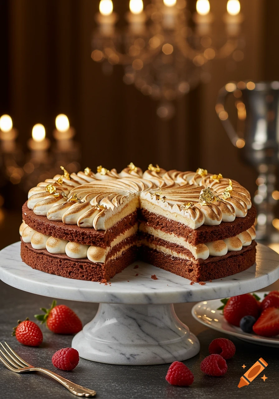 Photorealistic chocolate cake with a slice removed, topped with meringue and gold leaf, on a marble stand with berries.