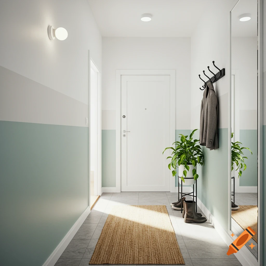 Bright, modern hallway with light blue and white walls, mirror, coat rack, plant, and jute rug.