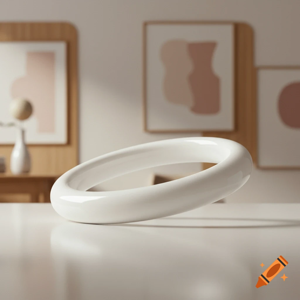 A glossy white bracelet rests on a reflective white surface, with blurry abstract art in the background.