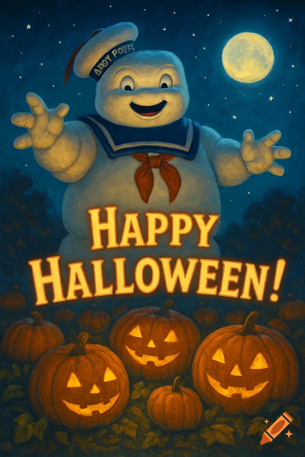 Smiling Stay Puft Marshmallow Man above glowing jack-o'-lanterns and 'HAPPY HALLOWEEN!' text under a full moon at night.