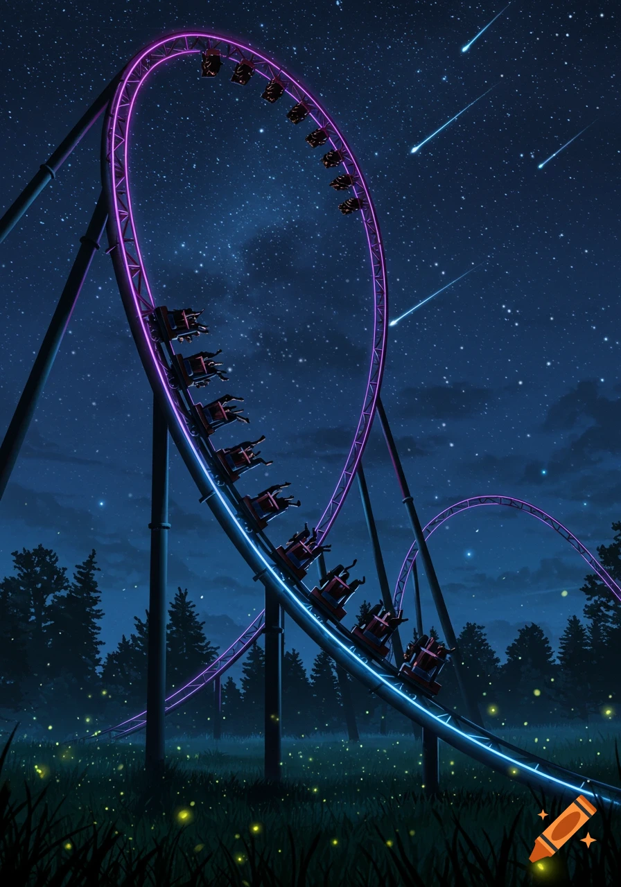 A vibrant rollercoaster lit with neon purple and blue lights under a starry night sky with shooting stars and glowing fireflies in the grass.