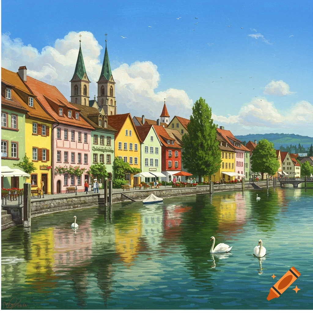 A colorful painting of a European town along a river, with multi-hued buildings, a prominent church with spires, and swans on the calm water.