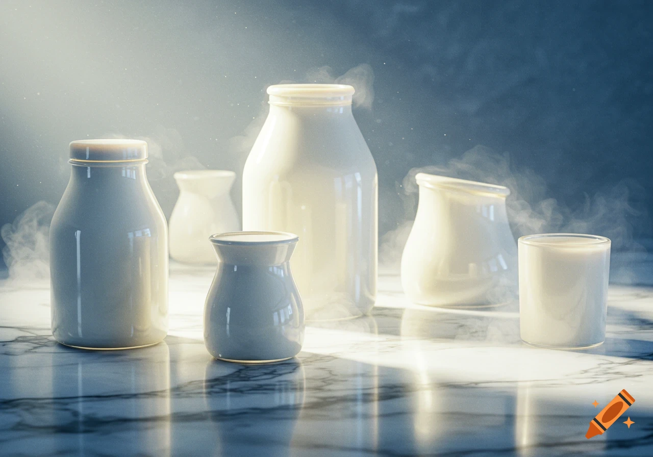 Photorealistic still life of various white milk bottles and containers on a reflective marble surface with a misty background.