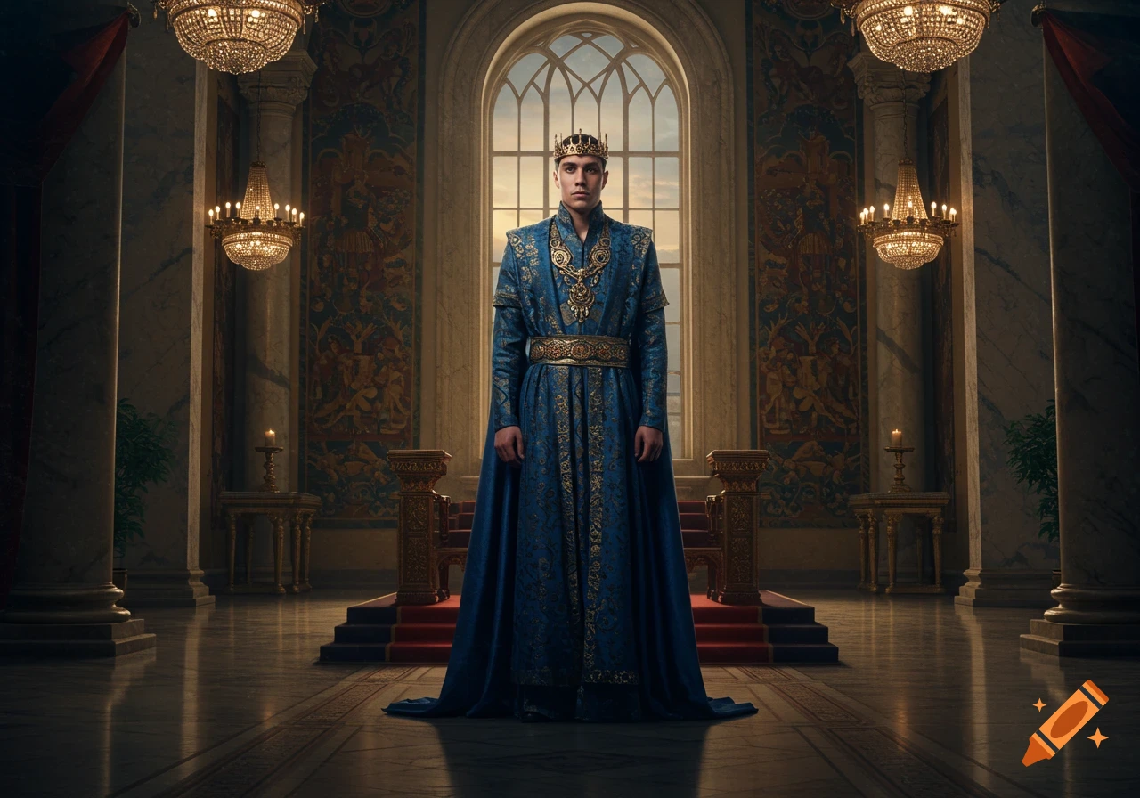 A young king in a blue and gold royal robe and crown stands in a grand hall with chandeliers and a large arched window. Photorealistic.