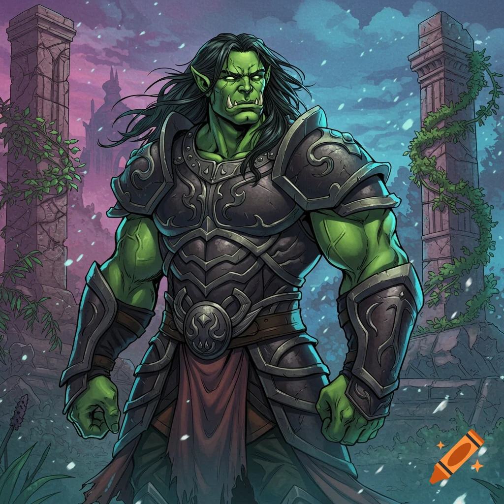 Manga style illustration of a green orc warrior with long black hair and tusks, wearing dark armor, standing among ancient ruins.