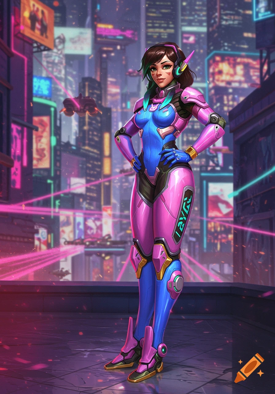 A female character with brown hair in a blue and pink futuristic suit stands on a rooftop overlooking a neon-lit cyberpunk city.