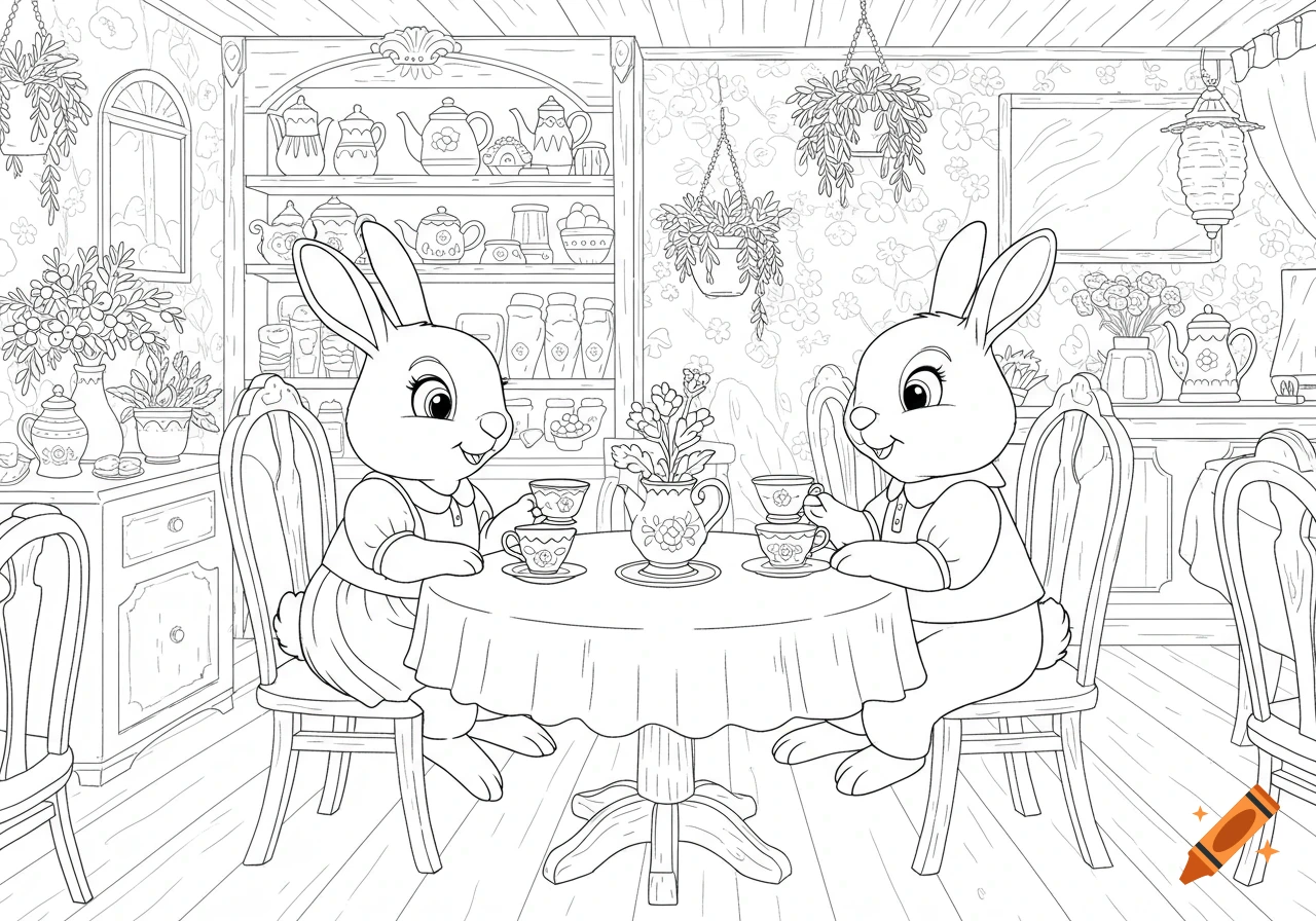 Two cartoon bunnies in dresses sip tea at a table in a detailed tea room, rendered in black and white line art for coloring.