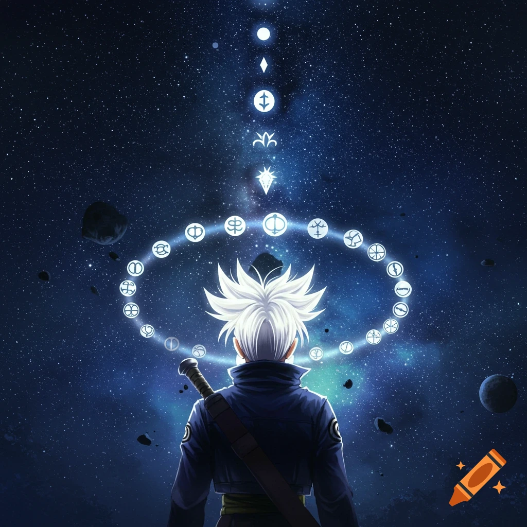Anime character with white spiky hair and a sword on his back, looking up at glowing symbols and stars in deep space.