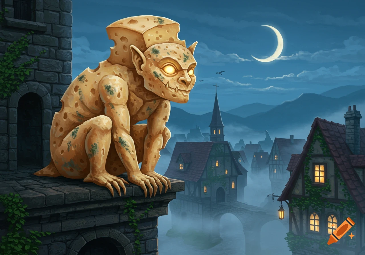 A grotesque cheese gargoyle with glowing eyes perches on a stone building, overlooking a misty fantasy village under a crescent moon.