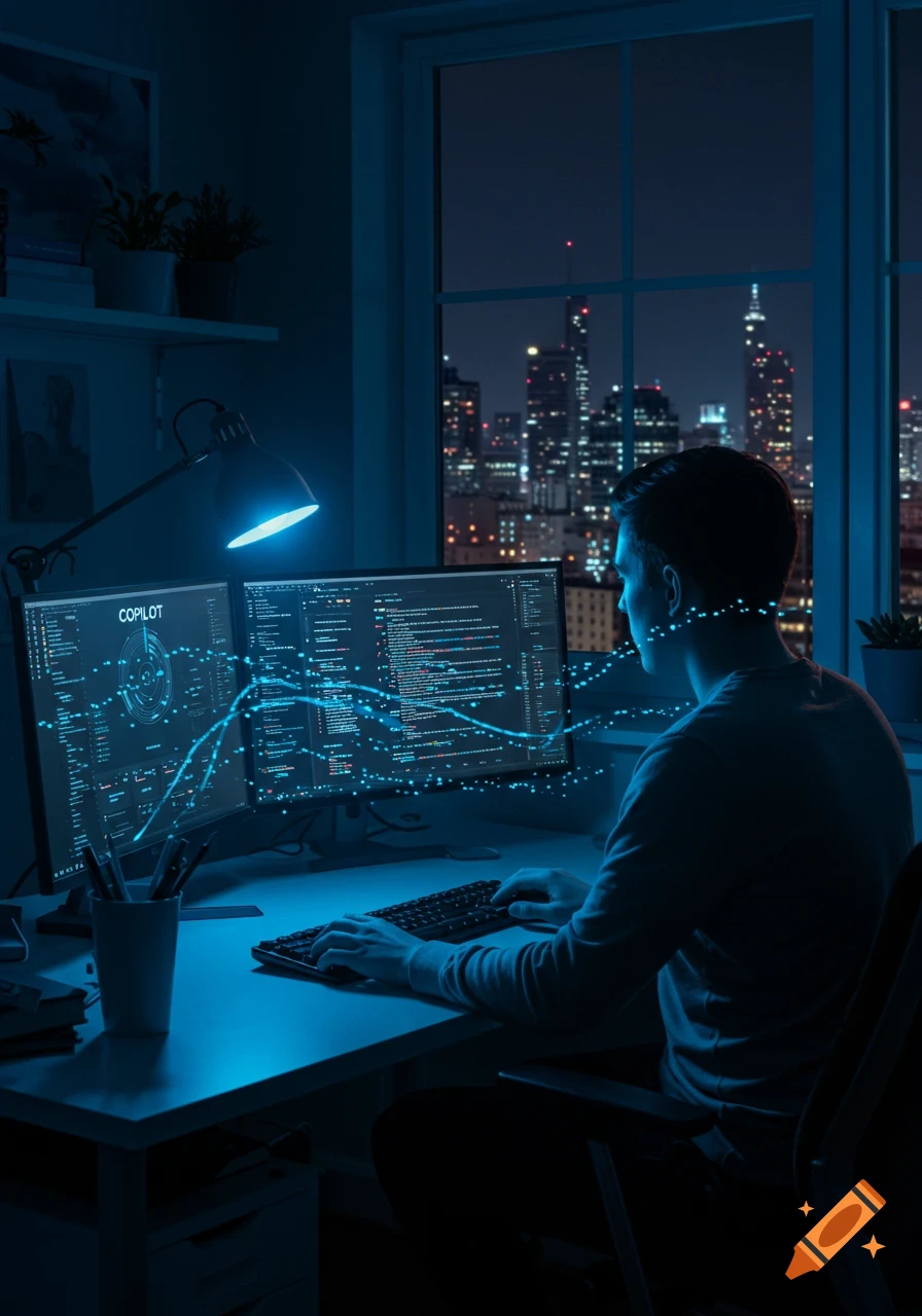 A person sits at a desk in a dark room, working on two computer monitors with glowing blue code and data visualizations, overlooking a lit city skyline at night. The left screen shows "COPILOT".