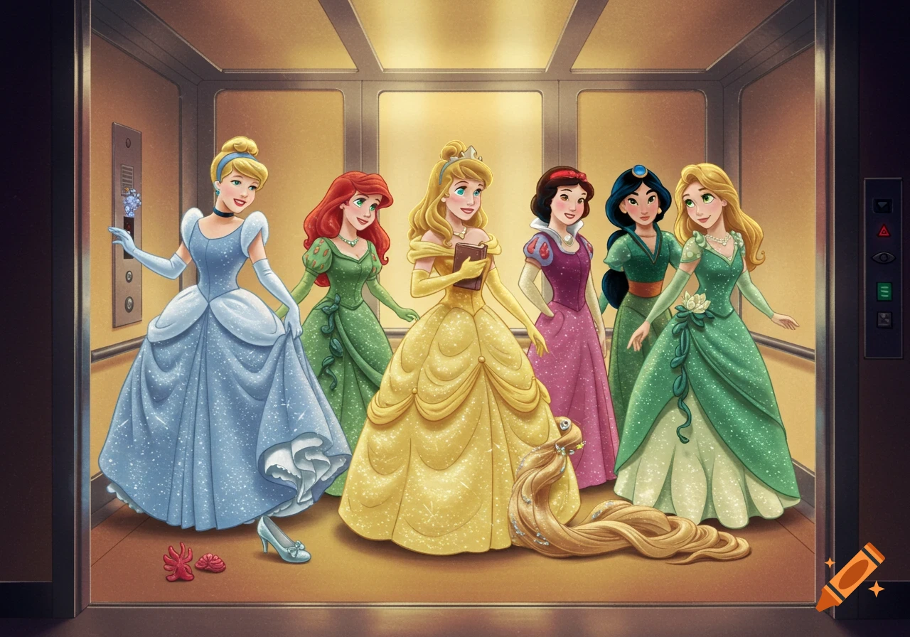 Six animated Disney Princesses, including Cinderella, Ariel, Aurora, Snow White, Jasmine, and Rapunzel, stand in an elevator.