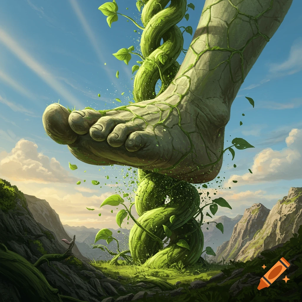 A colossal, stone-textured foot covered in green vines crushes a thick beanstalk amidst a vibrant green valley under a blue sky.