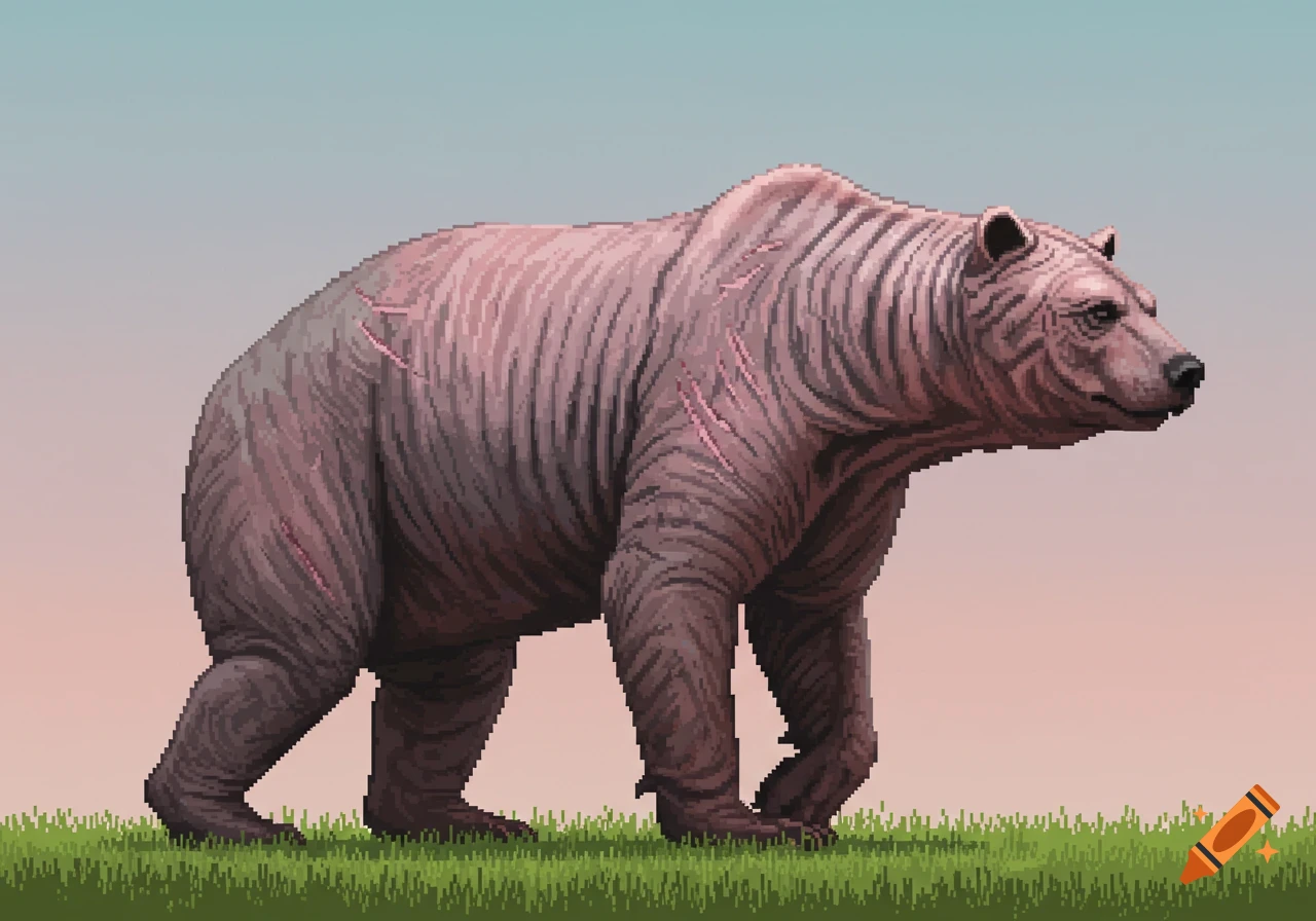 Pixel art depiction of a giant, hairless, pink-gray bear with white scars, standing on green grass under a gradient sky.