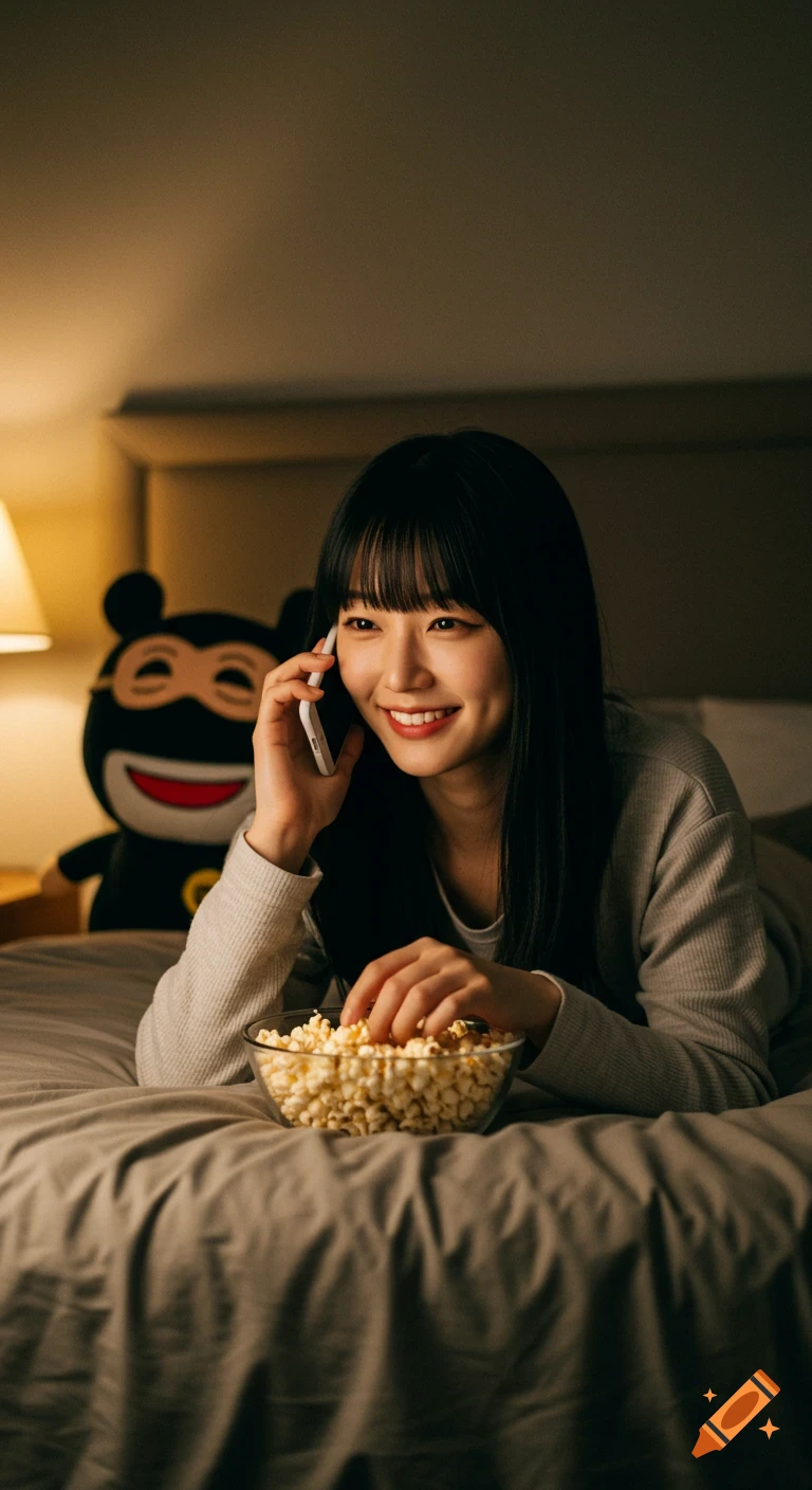 A young woman lies on a bed, smiling while talking on the phone and eating popcorn. A masked plush toy is behind her in a warm bedroom. Photorealistic.