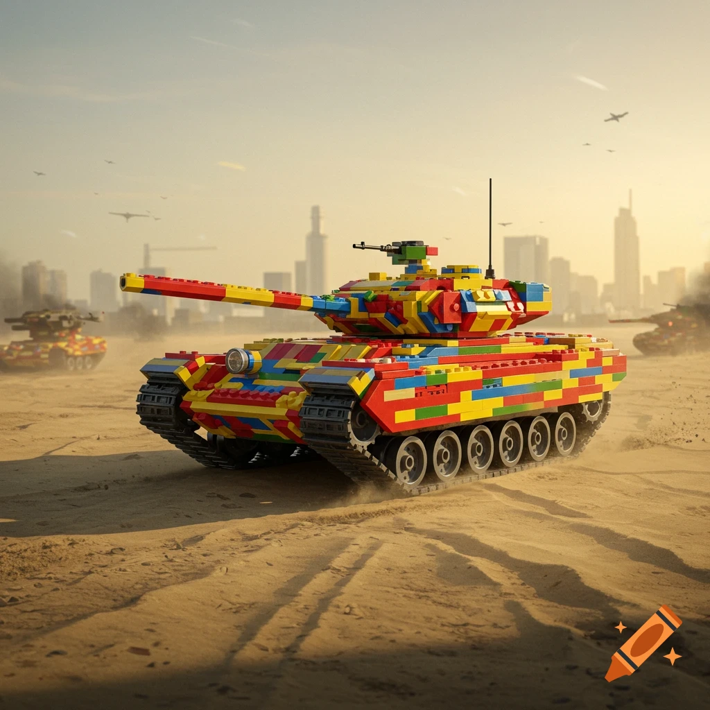 A colorful Lego tank drives through a sandy desert with a city skyline and other tanks in the background.