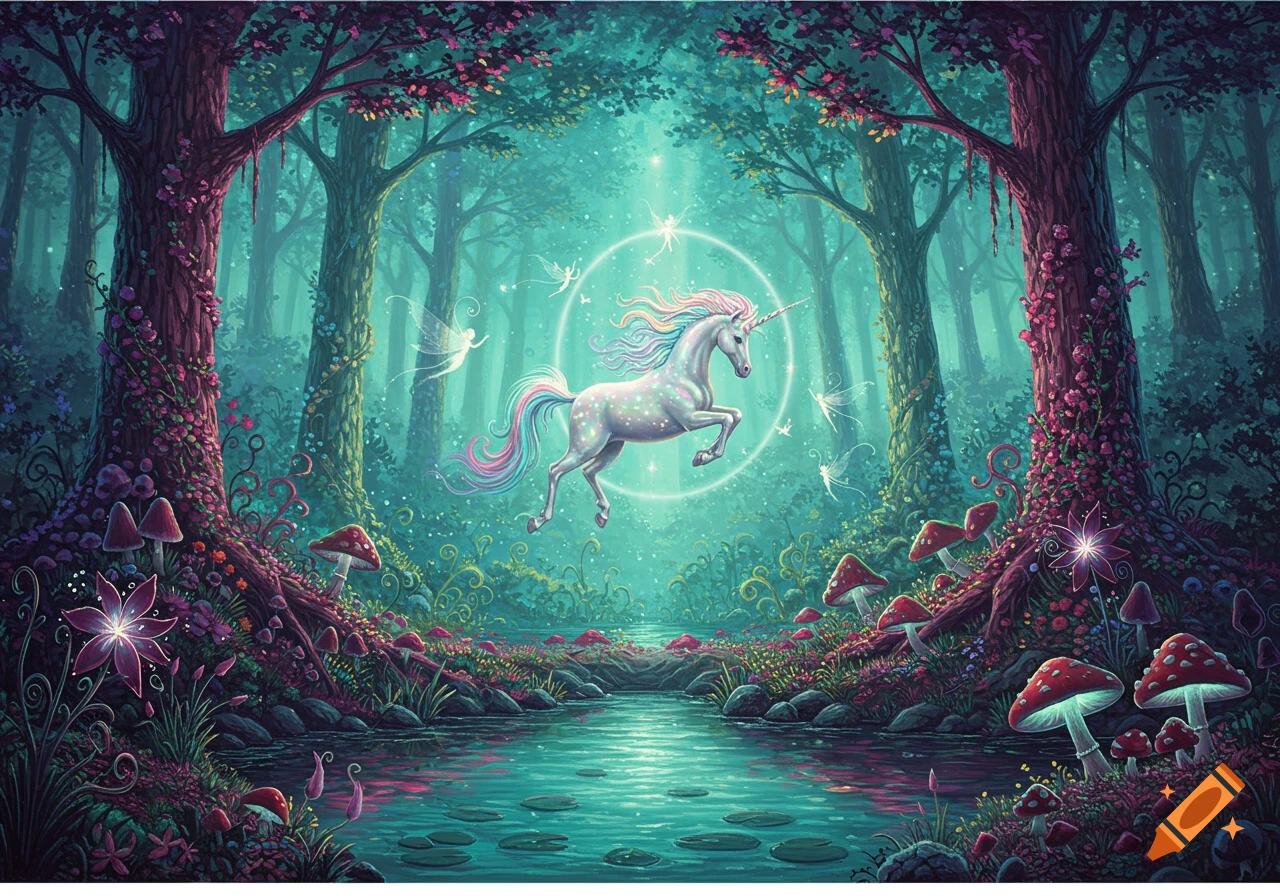 A psychedelic painting of a magical forest with a glowing unicorn floating over a shimmering lake, surrounded by fairies.
