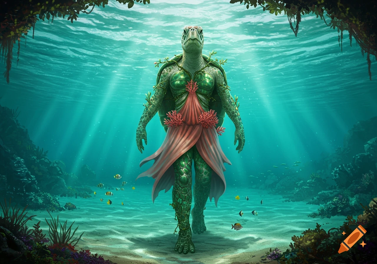 A muscular, green turtle person with a shell and coral skirt stands on the sandy ocean floor, surrounded by fish and sunlight filtering through the water.