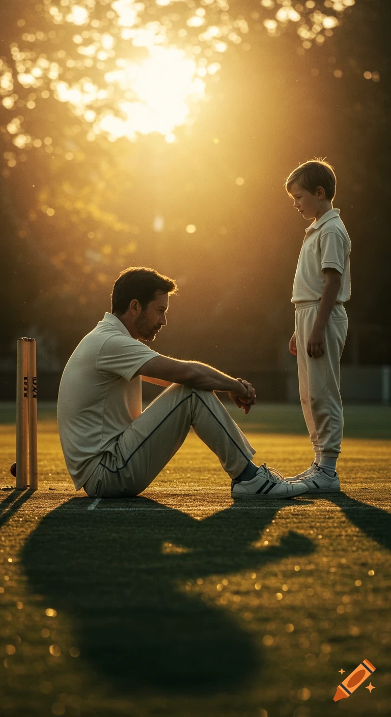 An adult man sits on a cricket pitch at golden hour, looking at a young boy standing opposite him. Both wear white cricket attire.