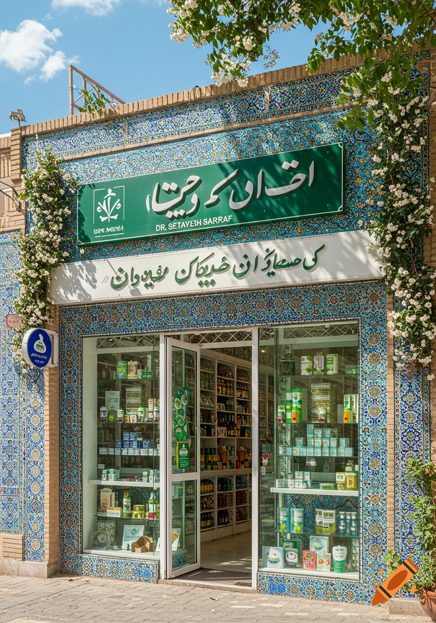 A vibrant pharmacy storefront in a Middle Eastern style, adorned with blue and white patterned tiles and white flowers under a sunny sky.