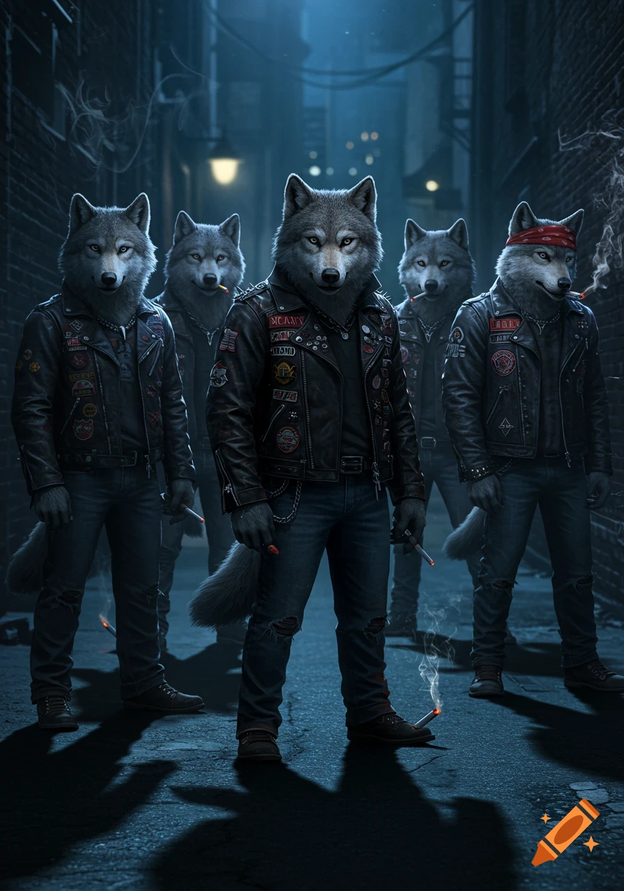 Five anthropomorphic wolves in leather biker jackets and ripped jeans stand in a dark alley, smoking, in a photorealistic style.