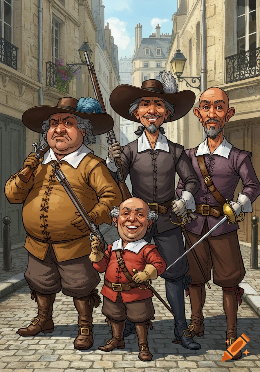A comical caricature of four diverse musketeers, two with muskets and two with swords, standing on a cobblestone street in a historic European city.