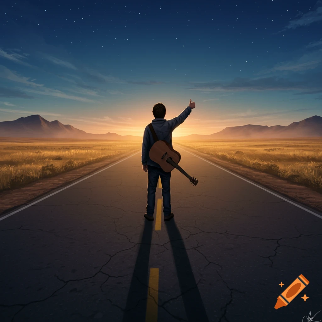 Digital art of a person with a guitar hitchhiking on a long road, raising a thumb at a vibrant sunset over mountains.