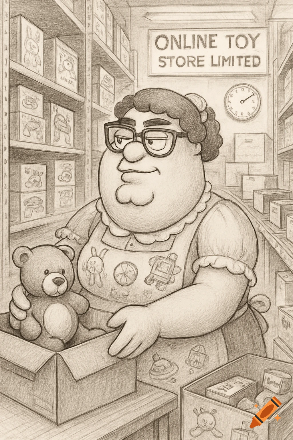 Pencil drawing of a woman resembling Peter Griffin in an apron, packing a teddy bear in an 'Online Toy Store Limited' warehouse.