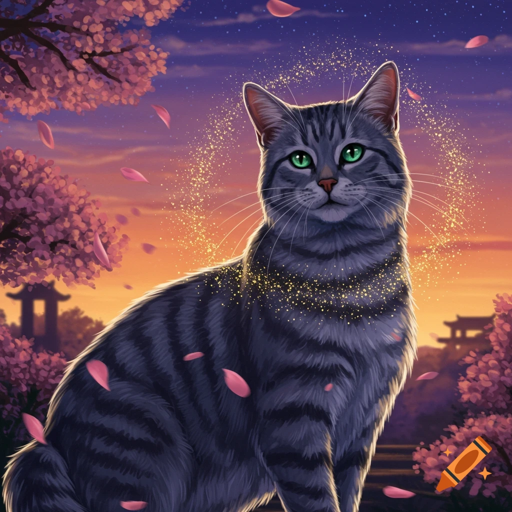 A majestic gray tabby cat with green eyes sits under sparkling pink cherry blossom trees at sunset, with a Japanese pagoda in the background, in an illustrated style.