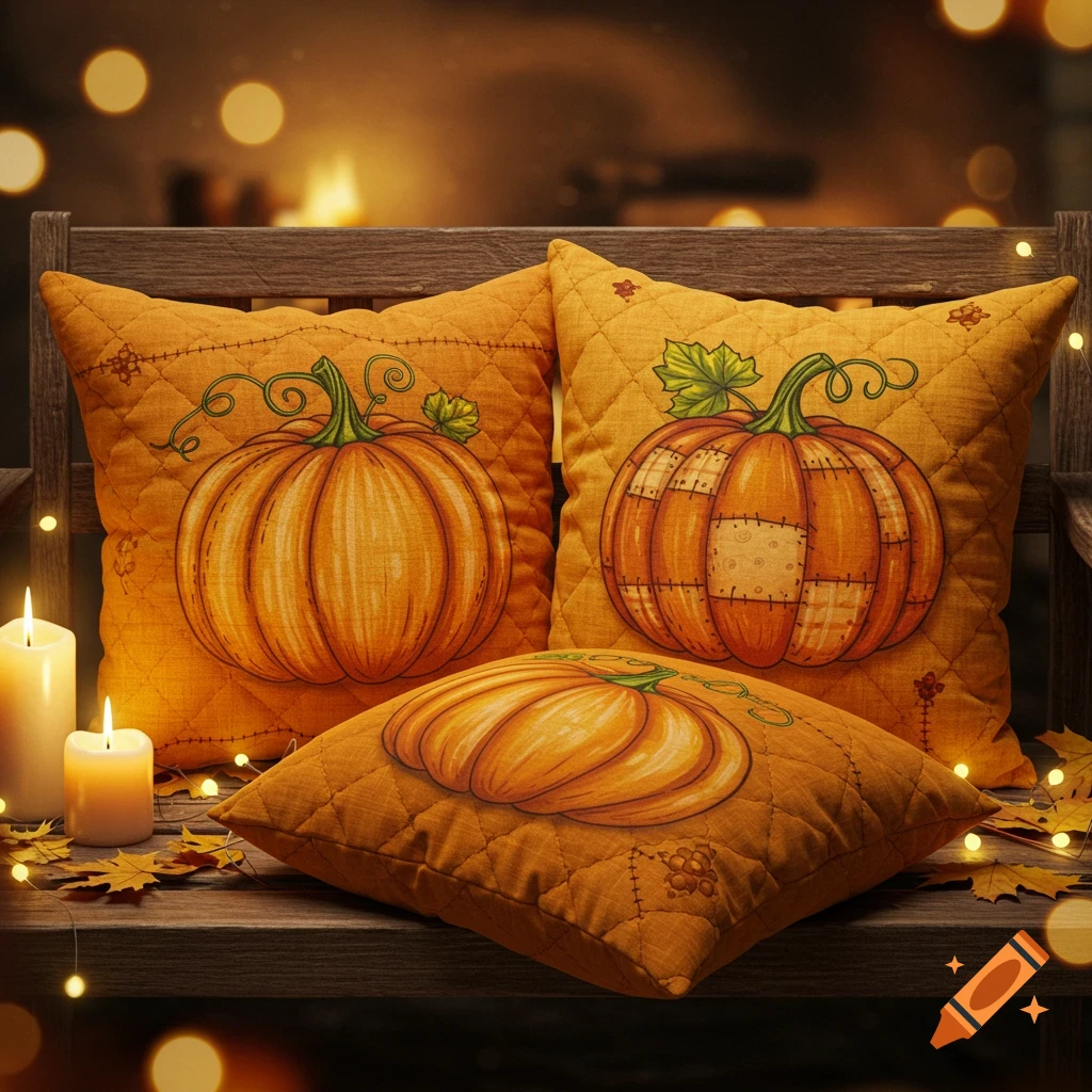 Three orange quilted pillows with pumpkin designs on a wooden bench, adorned with lit candles and autumn leaves.