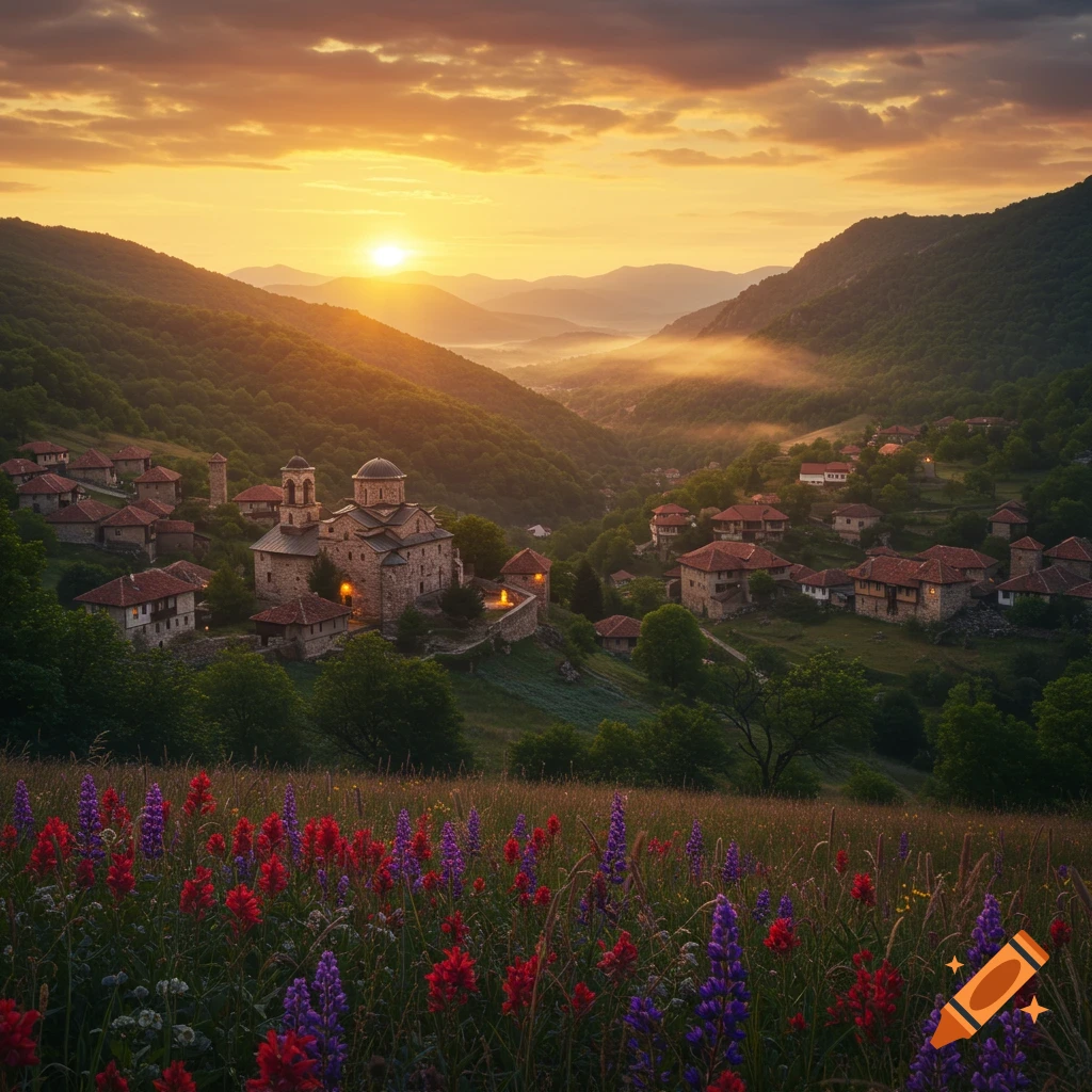 Photorealistic landscape of a stone monastery and village in a lush mountain valley at sunset, with red and purple wildflowers.