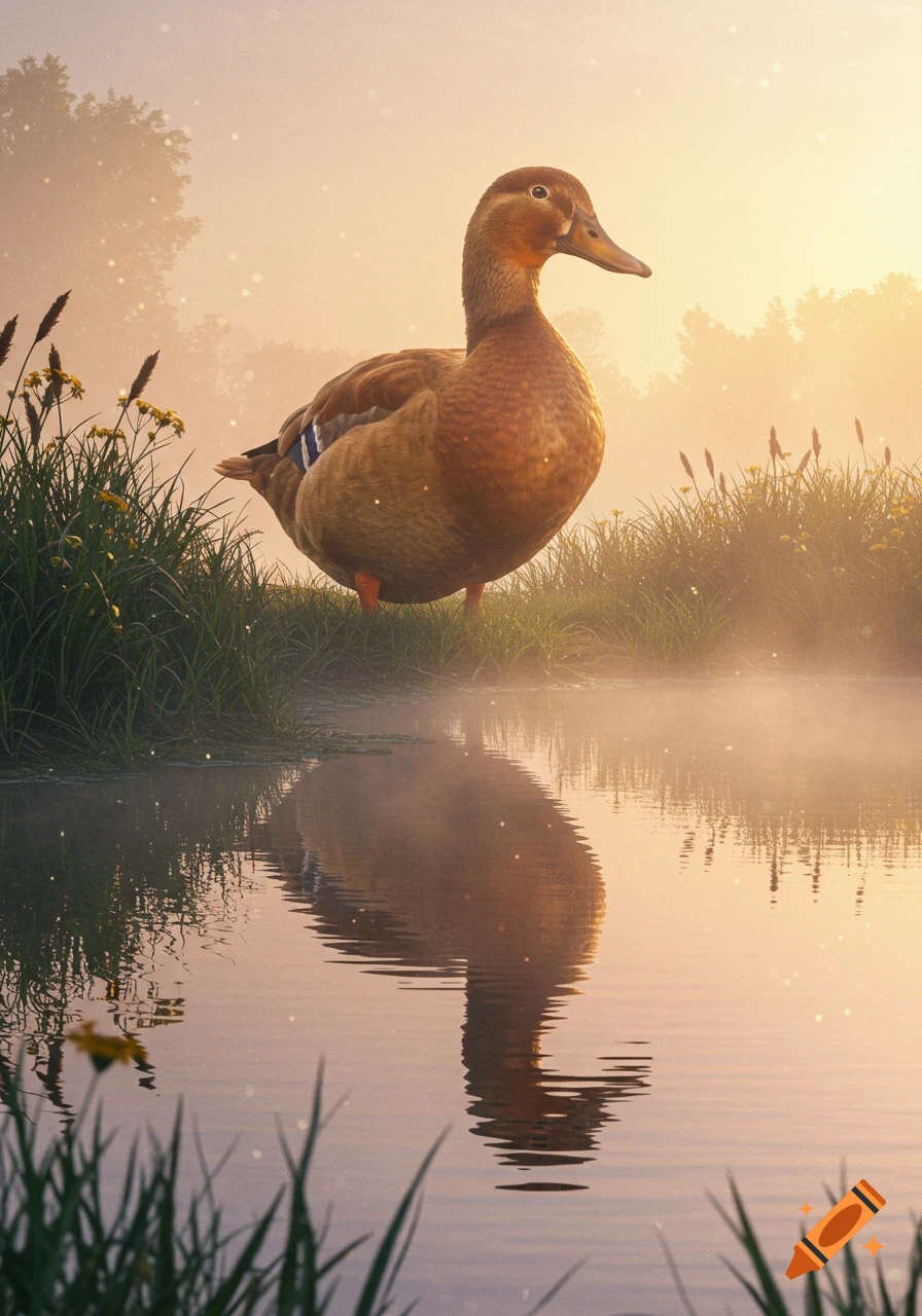 A photorealistic brown duck stands by a misty pond at golden hour, reflected in the water.